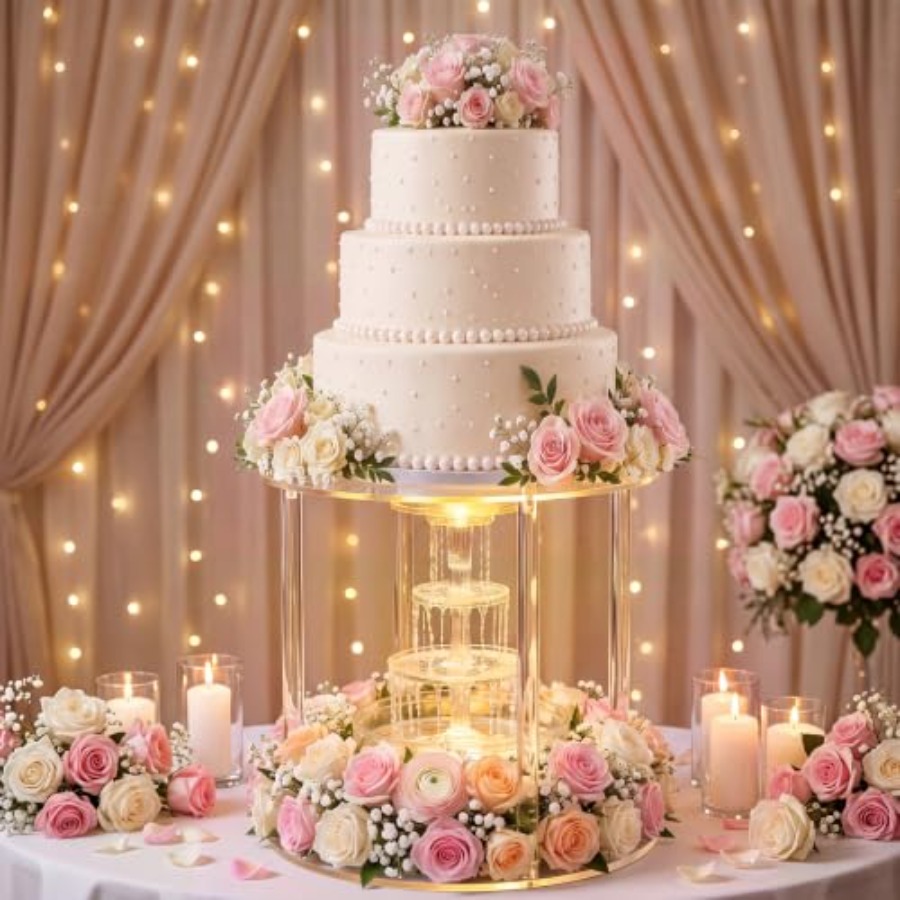 Wedding Fountain - 16インチのアクリル製噴水型ケーキスタンド、結婚式用、クリアアクリル、透明、エレガントな2段円形デザイン