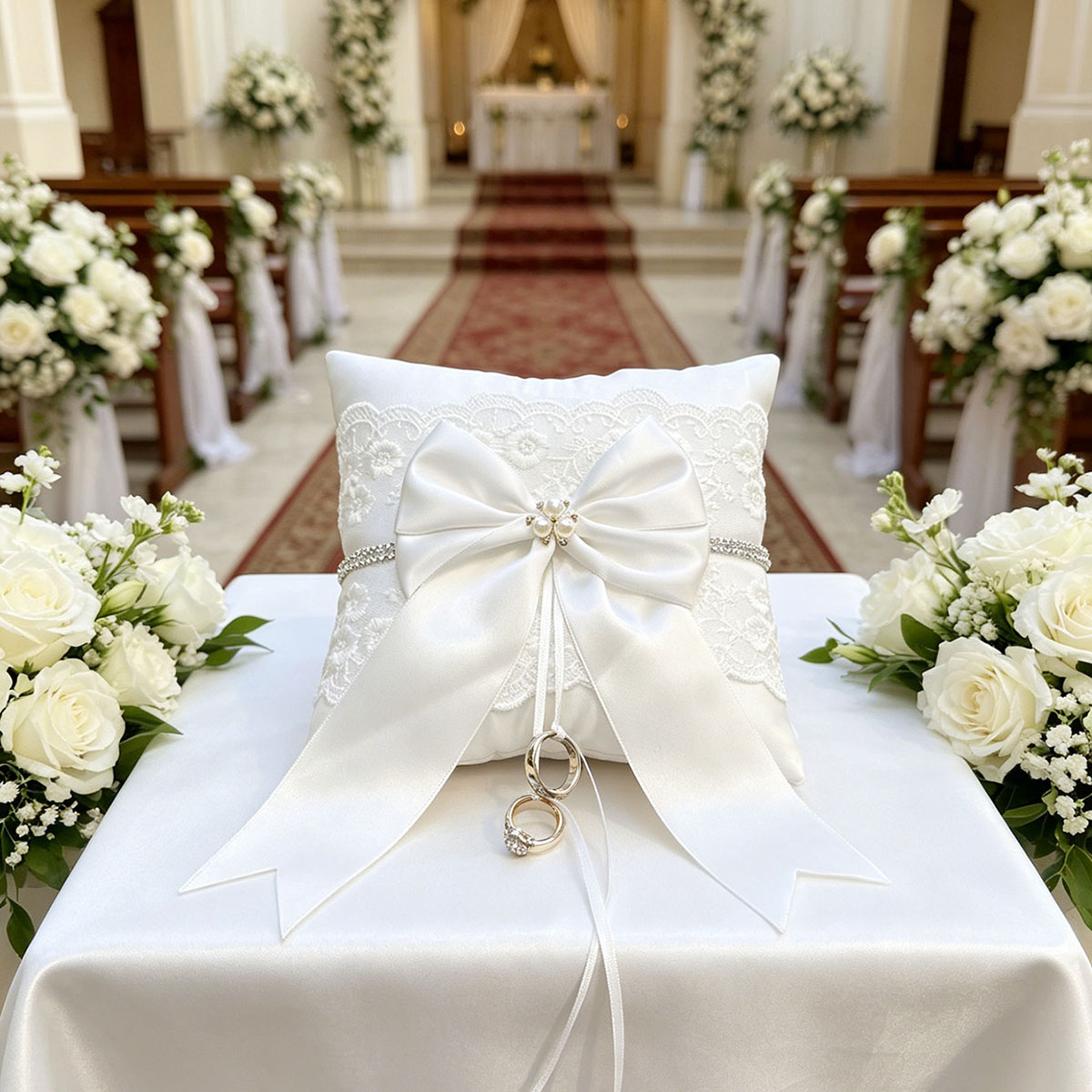 Ring Bearer Pillow - 白いレースの結婚指輪枕、サテンの大きなリボンとラインストーン付き、屋外教会の結婚式用（指輪は含まれません）
