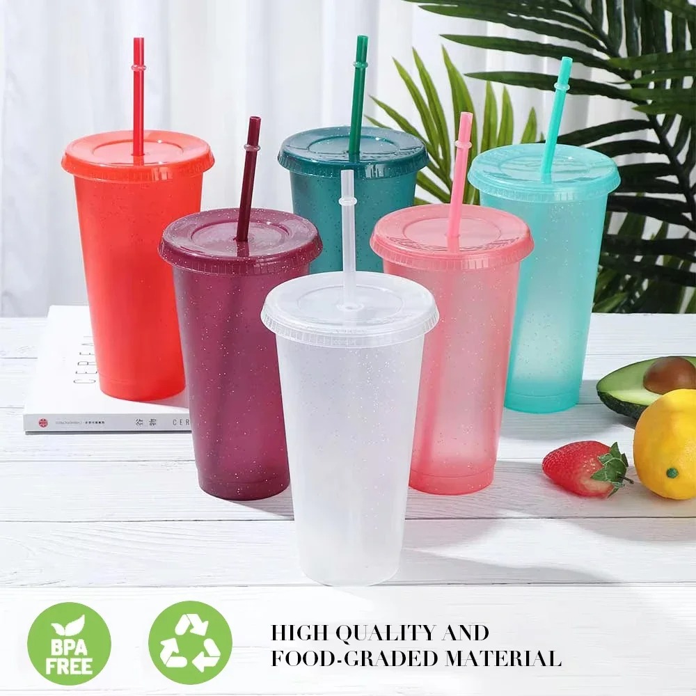 Wedding Fountain - サマーパーティーグリッターカップガールコールドドリンクカップ再利用可能なハードプラスチックカップ蓋とストロー付き結婚式/ホリデーパーティー用