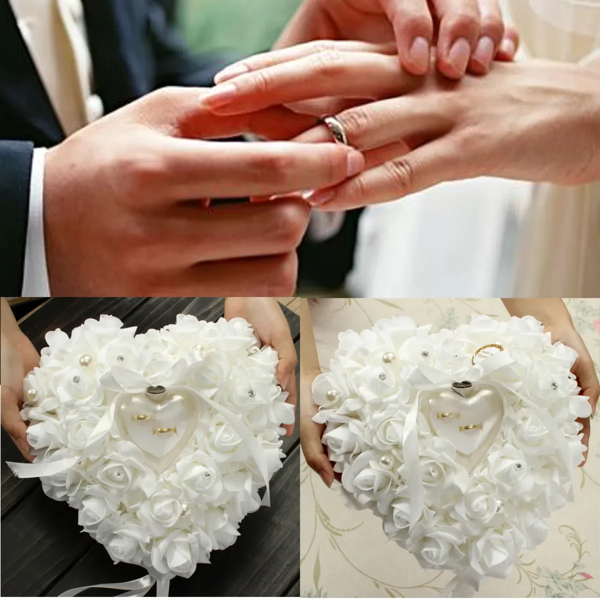 ホワイトリングベアラー枕クッションホルダーハート型バラの花リ - Ring Bearer Pillow のレビューと価格
