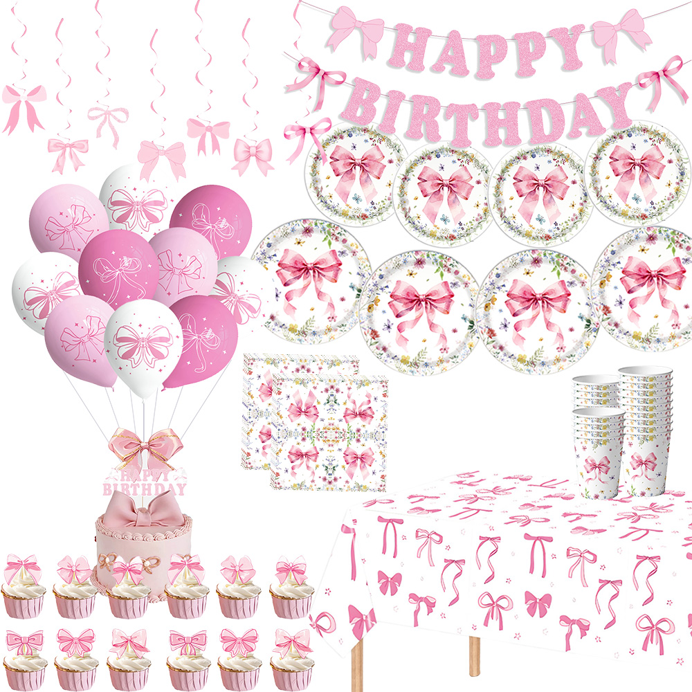 ピンクのリボン女の子の誕生日デコレーションプレートナプキンカ - Confetti Balloon Set のレビューと価格